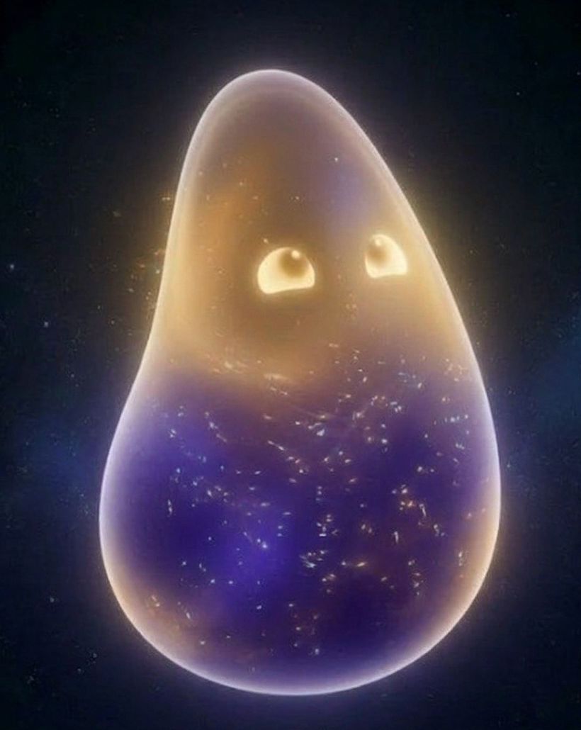 Raeth Vael, a violet-indigo bioluminescent being with warm golden eyes